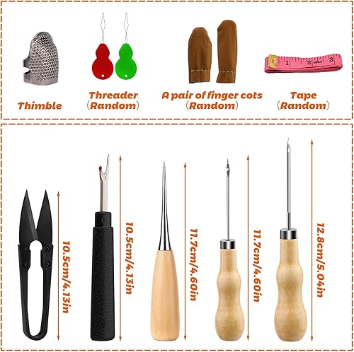 Miniatura 2 de Tikjiua Kit de costura de reparación de tapicería, 8 piezas de hilo encerado, agujas de coser de cuero, punzón de costura, dedal, kit de reparación