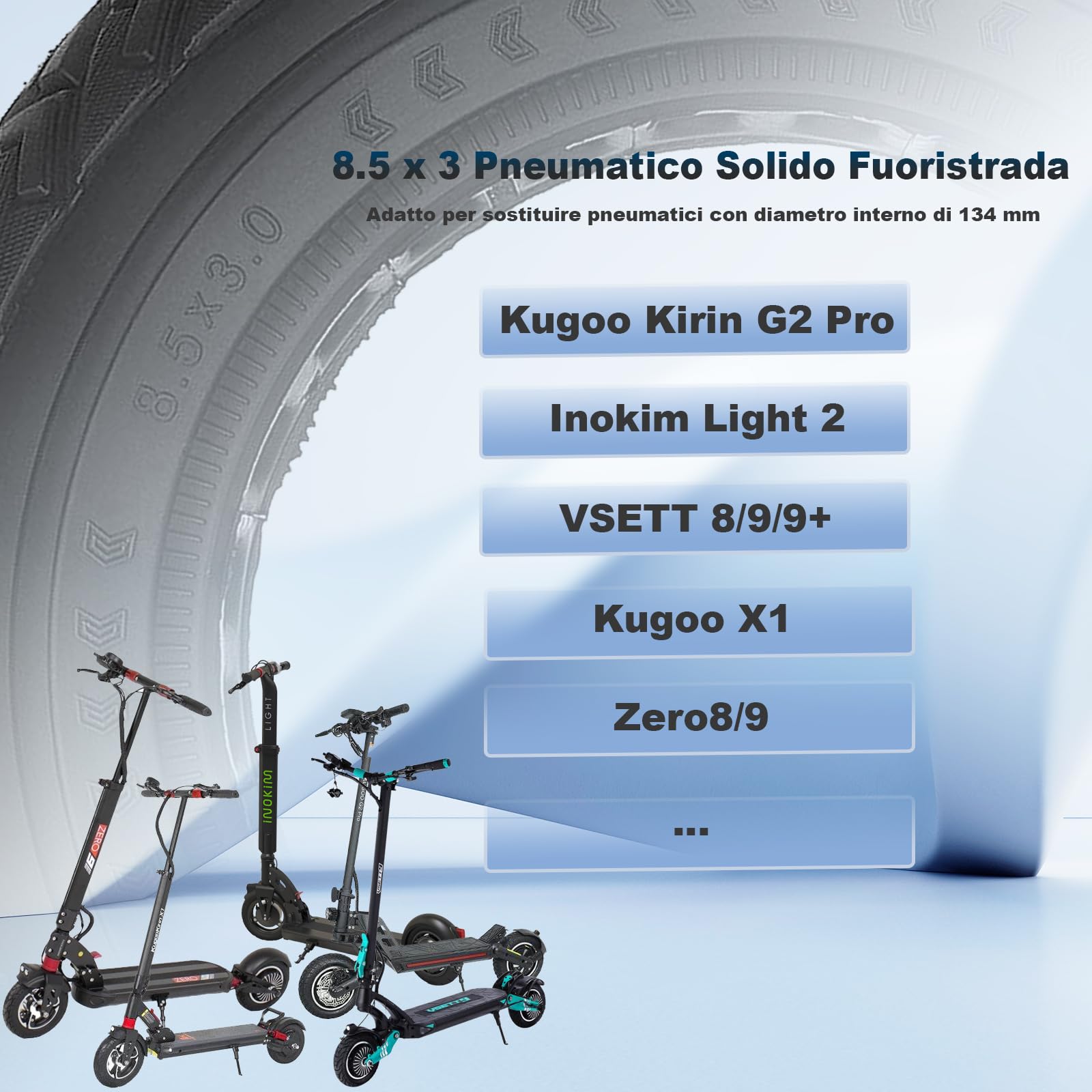 8,5 x 3 Pneumatici Solidi per KUKIRIN G2 Pro/KUKIRIN X1/Zero 9/Vsett 8/9/9+/Inokim Light 2 Monopattino Elettrico 8 1/2 x 3 Ruote di Ricambio in Gomma Piena, Pneumatici di Ricambio Pieni