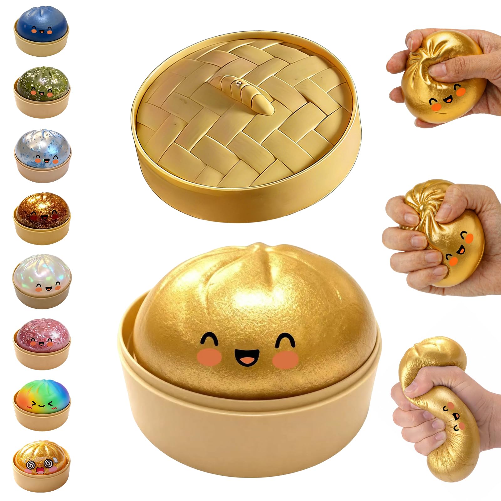Glitter Dumpling Squishy,Dumpling Squishies,Glitter Dumpling Mystery Box,Colorful Dumpling Stress Balls Fidget,Jumbo Squishy Toy with Steamer Box,Soft Squeeze Decompression Dough (Glitter White) — view 9