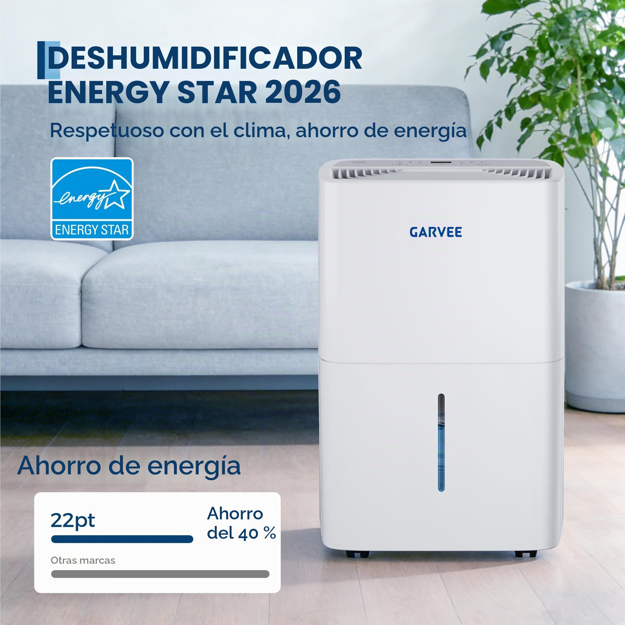 GarveLife Deshumidificador 20L/Día para Habitaciones hasta 280 m², Extractor de Humedad Eléctrico Silencioso, Drenaje Continuo, Pantalla Digital, Portátil para Hogar, Sótano, Baño, 32x22x50cm