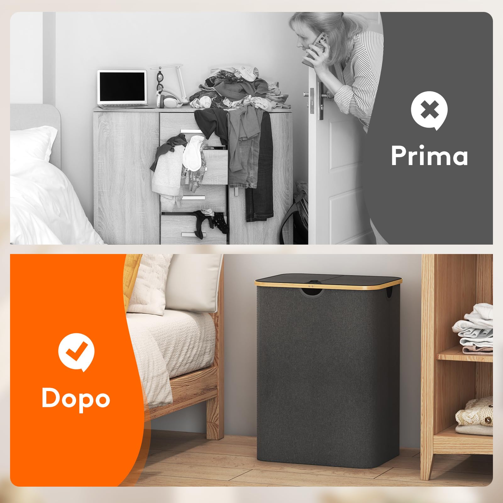 Lifewit 150L Cesto Portabiancheria 3 Scomparti, Cesta Biancheria Sporca con Manici Bambù, Cesto Panni Sporchi con 3 Sacco, Cesto Lavanderia, Porta Biancheria Sporca per Bagno, Grigio Scuro