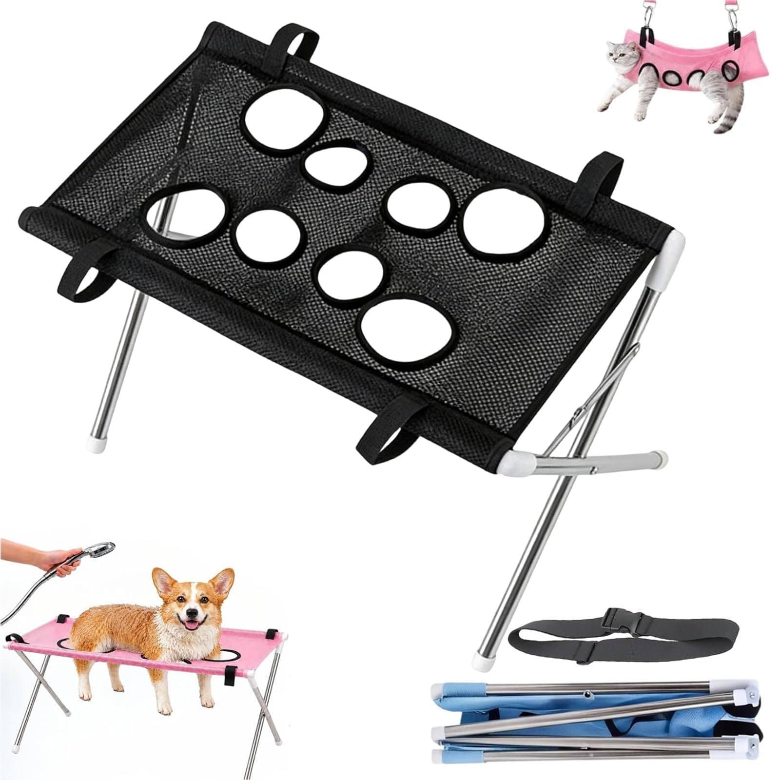 Dog Bath Stand Mesh Bathing Station Foldable Dog Shower Stand Portable Pet Grooming Hammock Metal Structure with Quick Surface and Strap for Pet Washing Travel Groomings Nail Clipping Blowing Drying