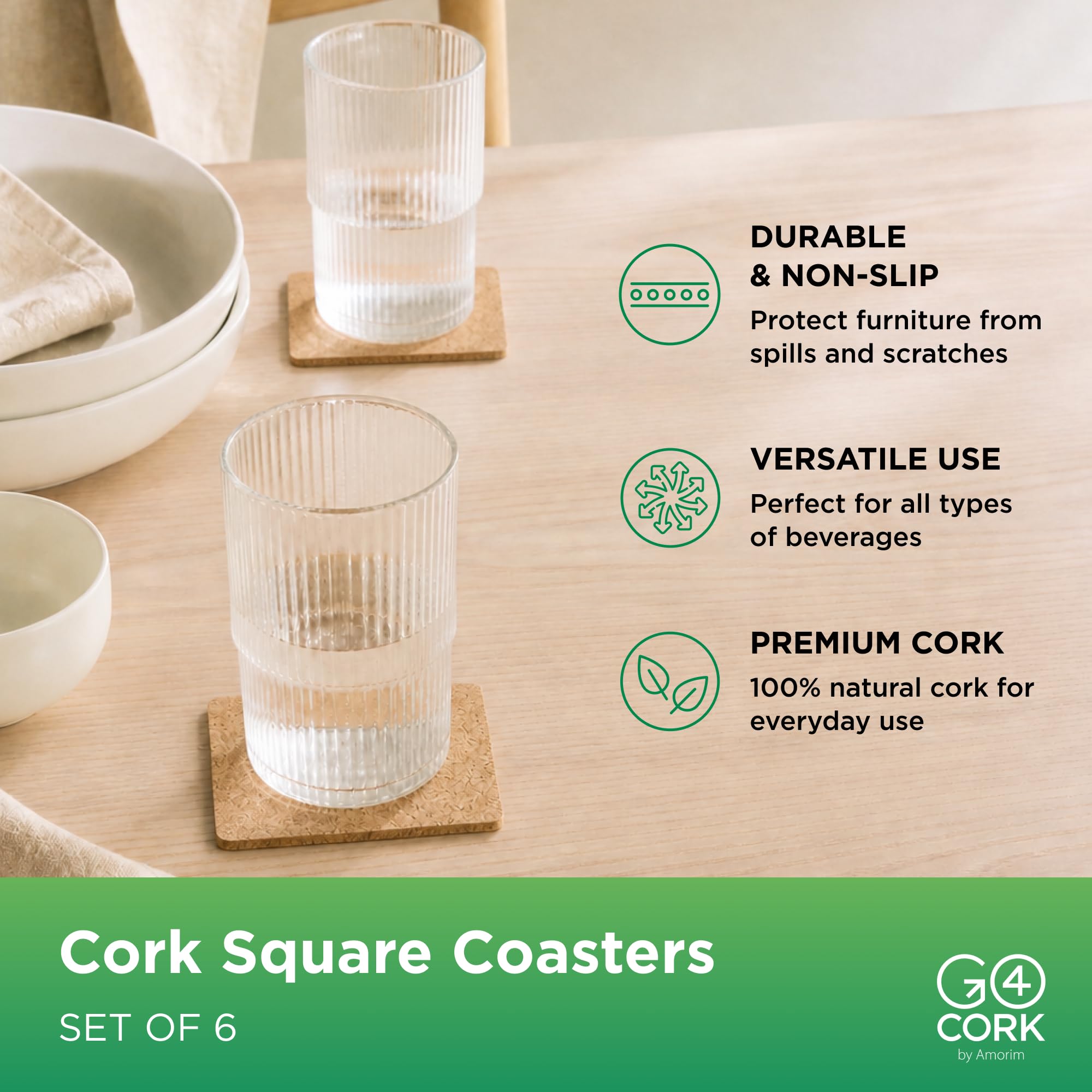 Go4Cork Square Cork Coasters - Set of 6 -2