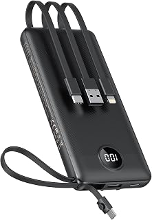 VEEKTOMX 10000mAh Power Bank with Built-in Cables: Fast USB-C Charge for iPhone 16/15/14, Samsung S24, Slim Travel Essential (VT101)