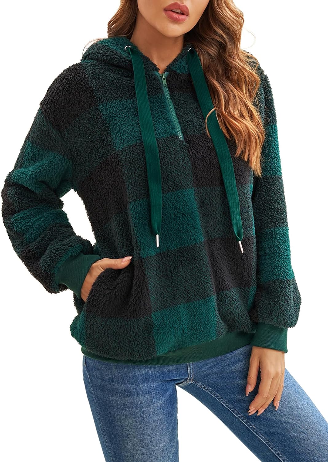 Nirovien Womens Sherpa Pullover Oversized Fuzzy Hoodie Double Fleece Sweatshirts Fluffy Plaid Outerwear Warm Coats - Image 4