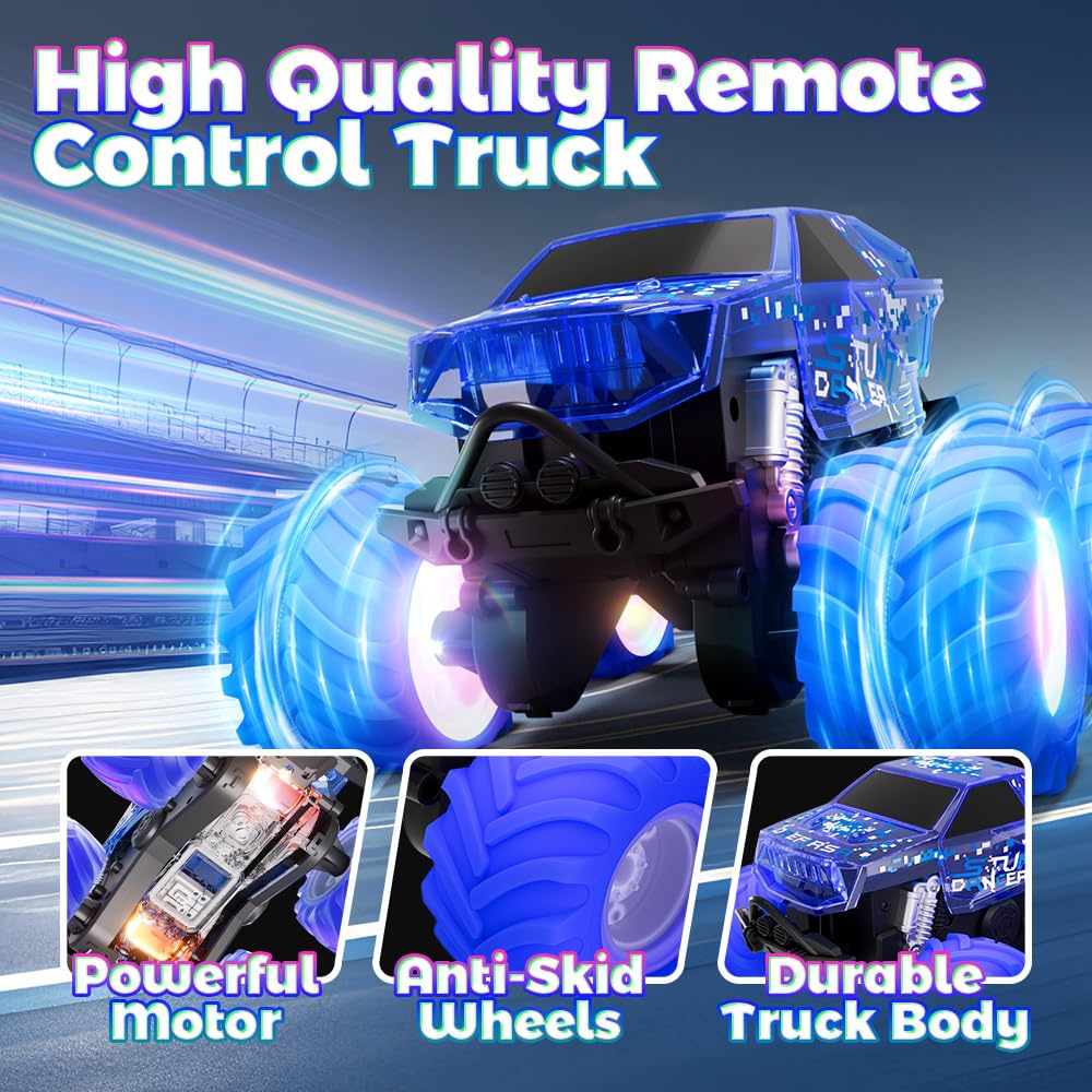 Amphibious Monster Truck Toy, Waterproof Remote Control Car, 4WD Off-Road RC Truck with Colorful Light, RC Stunt Car Toy for 4-7 8-12 Year Boy Birthday Gift Present