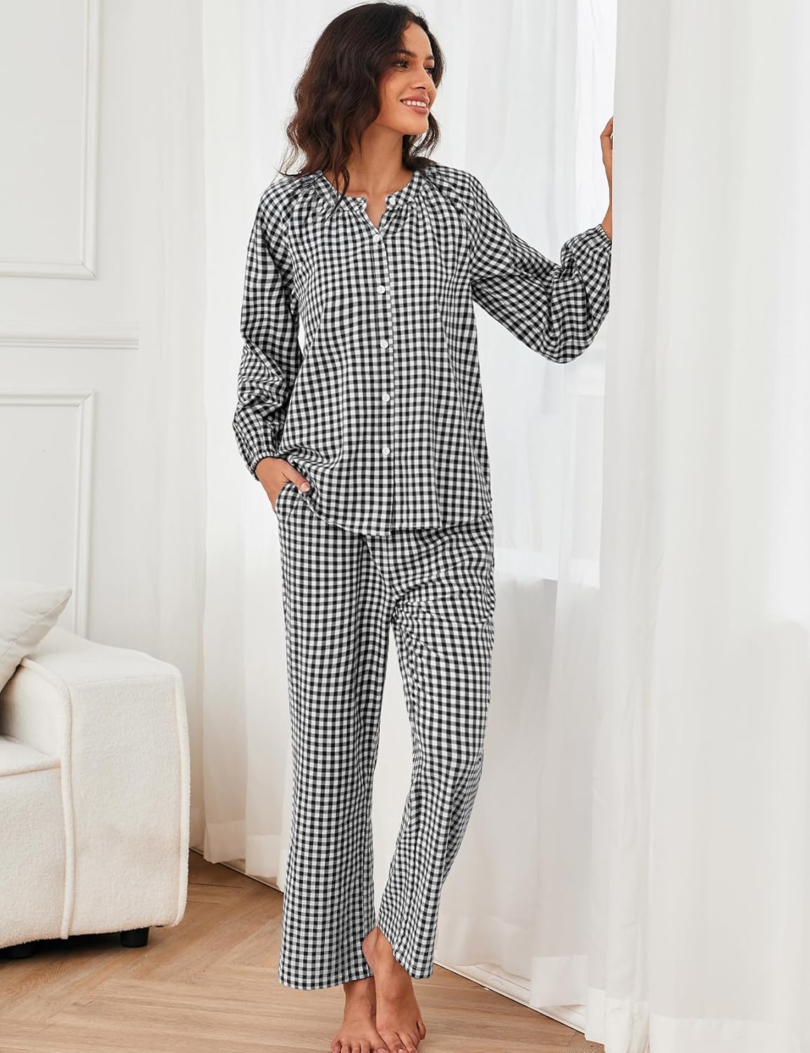 Flygo Womens Gingham Pajama Set 2 Piece Cotton Plaid Raglan Sleeve Button Top Straight Leg Pants Pjs Y2K Lounge Set Sleepwear - Image 5