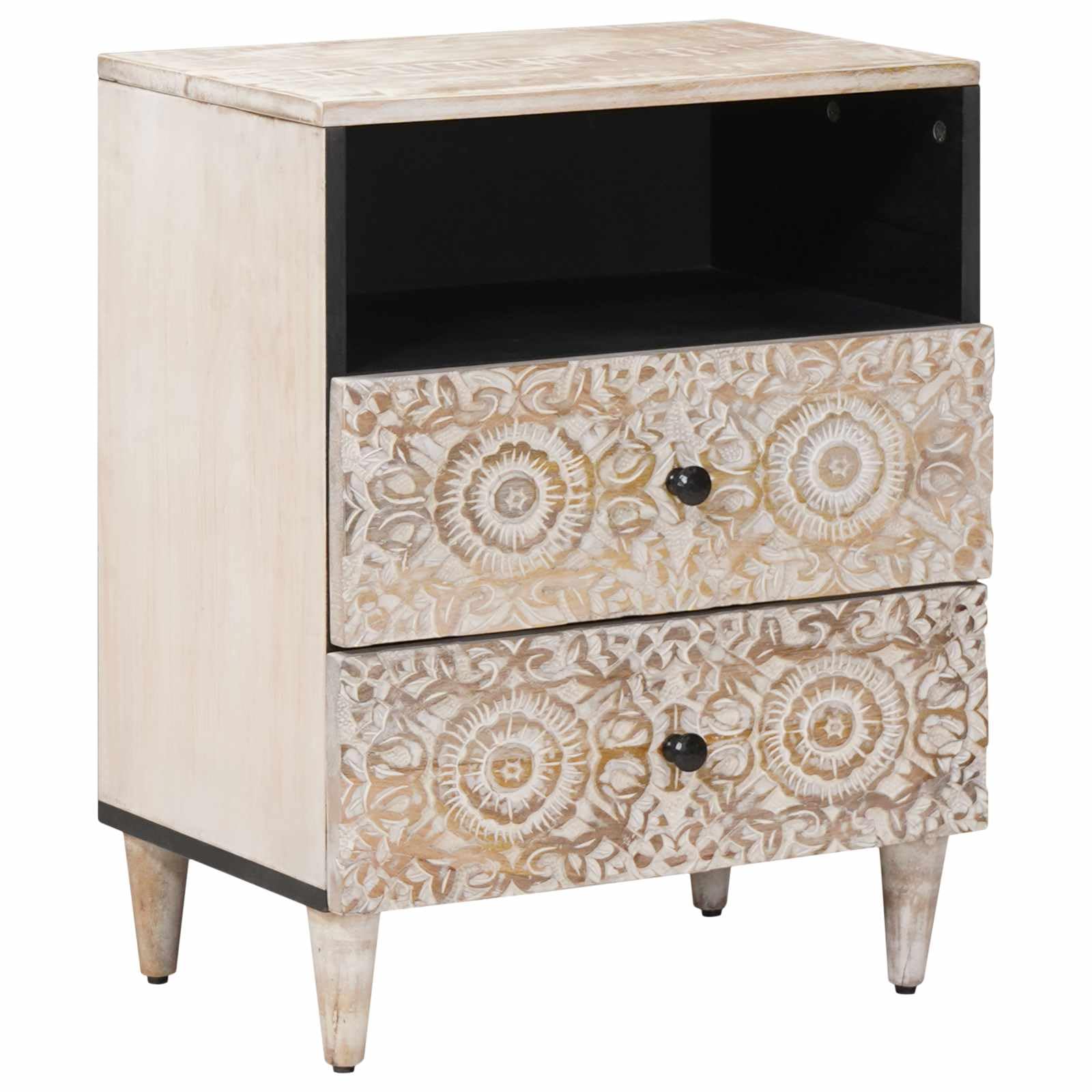 Table de chevet blanche en bois massif de manguier sculpté