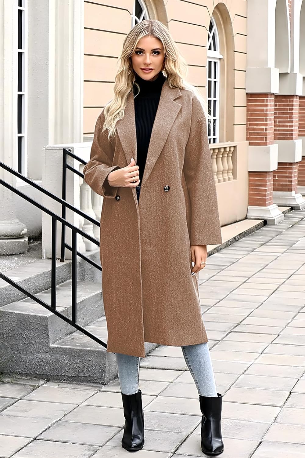 SAUKOLE Womens Winter Pea Coat Notch Lapel Double Breasted Wool Blend Oversized Overcoat with Pockets - Image 2