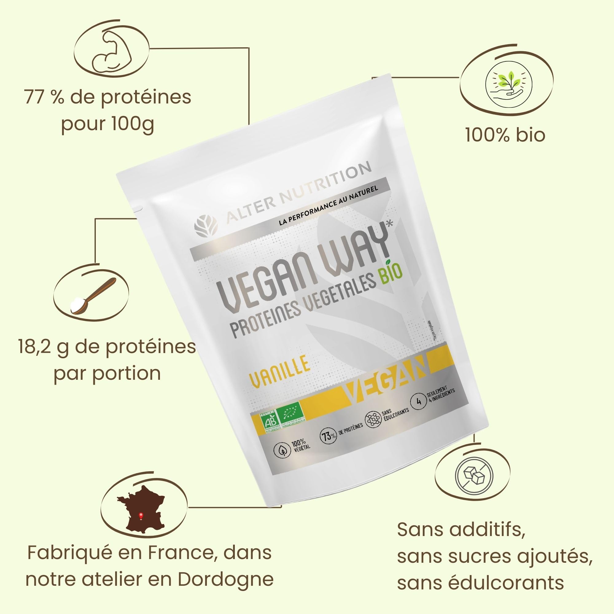 ALTER NUTRITION - Whey Vegan Bio - Vanille - Prise De Masse - Faible En Matières Grasses - Végétarien - Sans Sucres Ajoutés - Fabriqué En France - 18,2g De Protéines Par Portion - Sachet De 700 g