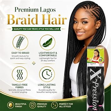 Xpression LAGOS BRAID Pre-Pulled Hair Extension, Braiding Hair, 42″ & 46″ Pack, (Colour 1B, Natural Black), pack of 4
