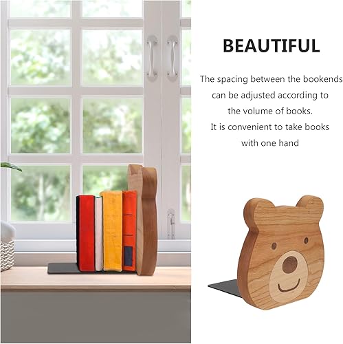 Miniatura 8 de Cabilock 2 tapones para libros sujetalibros de oso de madera para estantes, base de metal, antideslizantes, para decoración de estanterías,