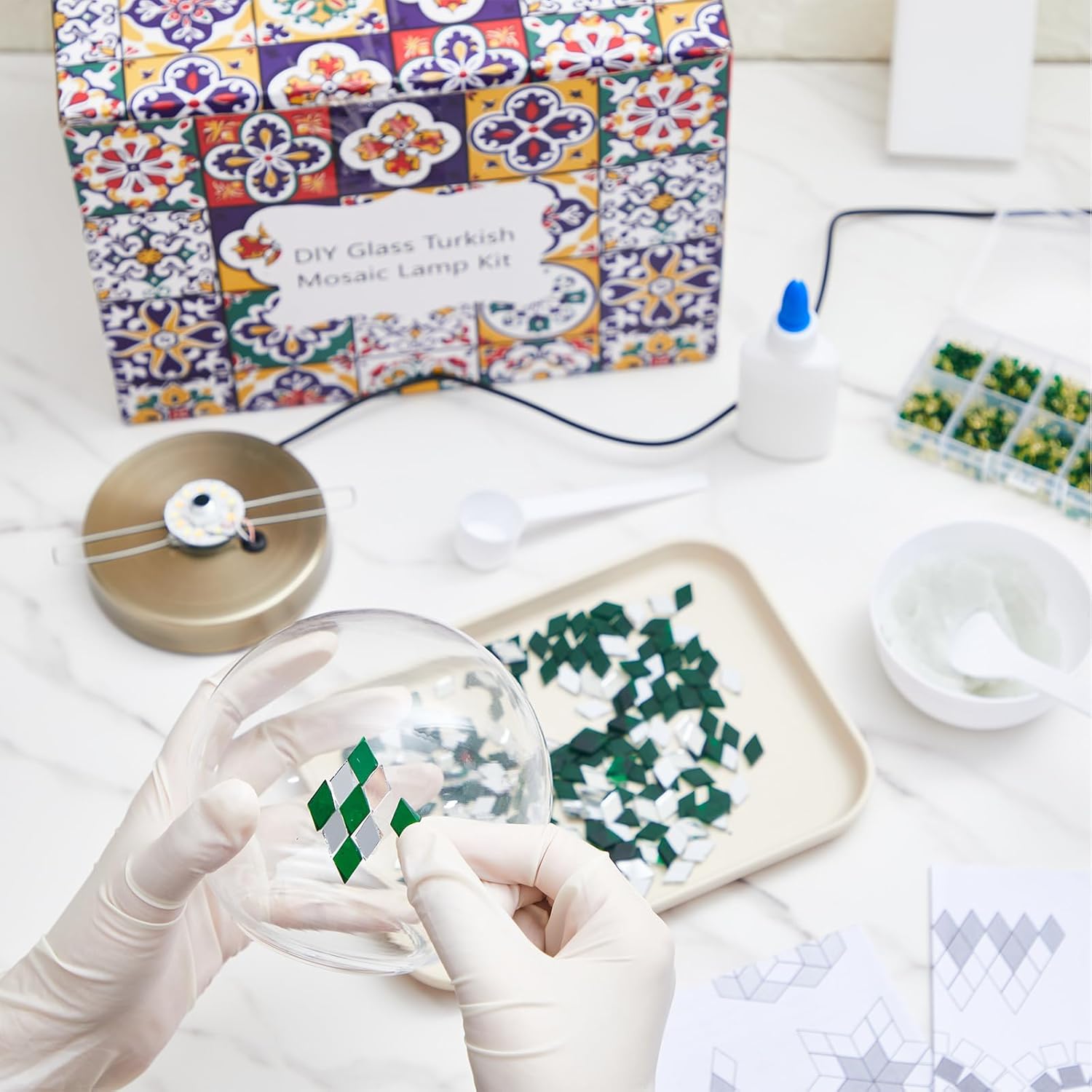 Baquler Turkish Mosaic Lamp Kit DIY Stained Glass Decorative Table Bedside Night Light Tabletop Bohemian Moroccan Lamp Craft Kit for Living Room Decorations(Green)