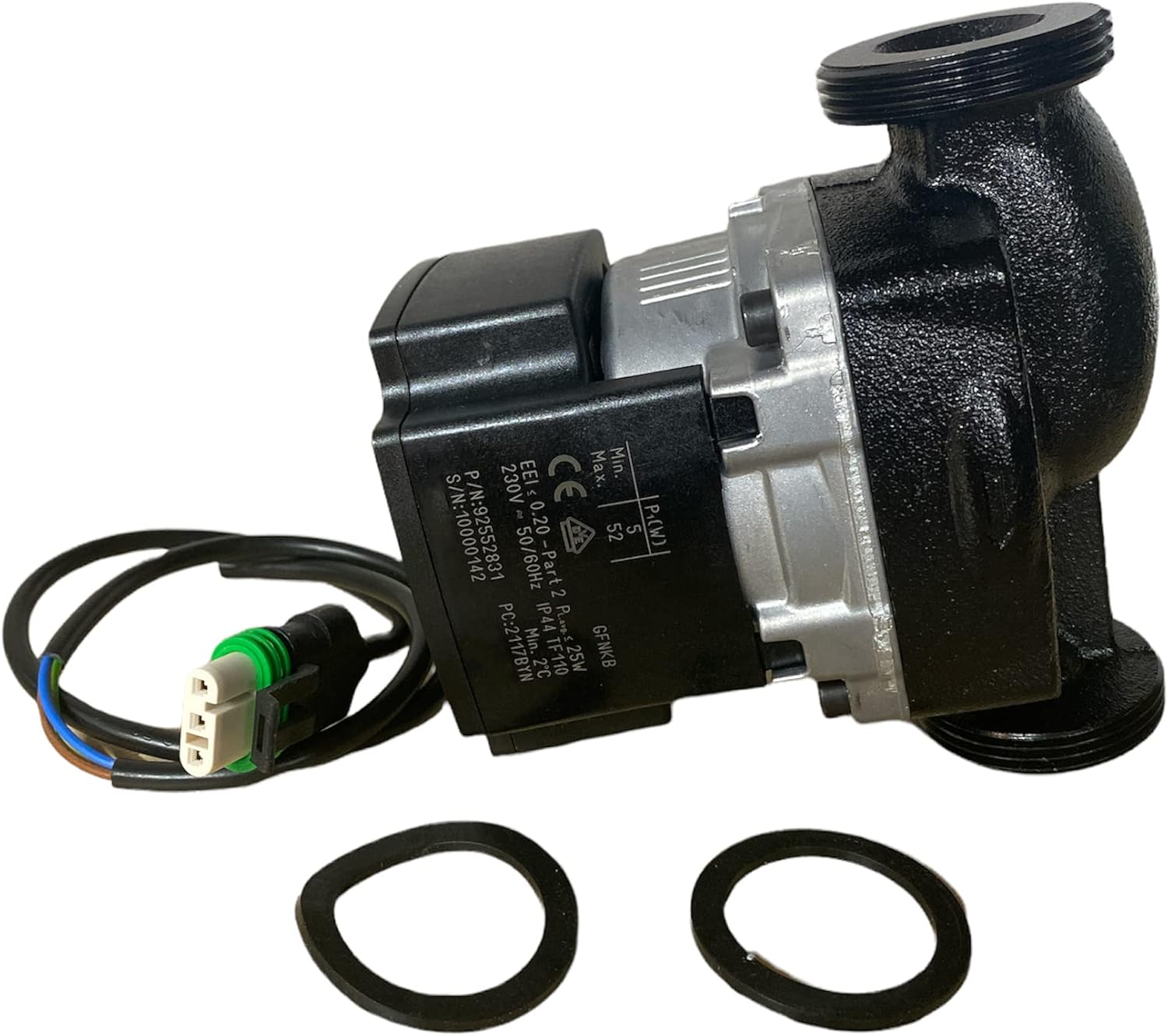 Side view of the Grundfos UPM3 Auto 25-70 H130 pump, displaying the product label with technical specifications.