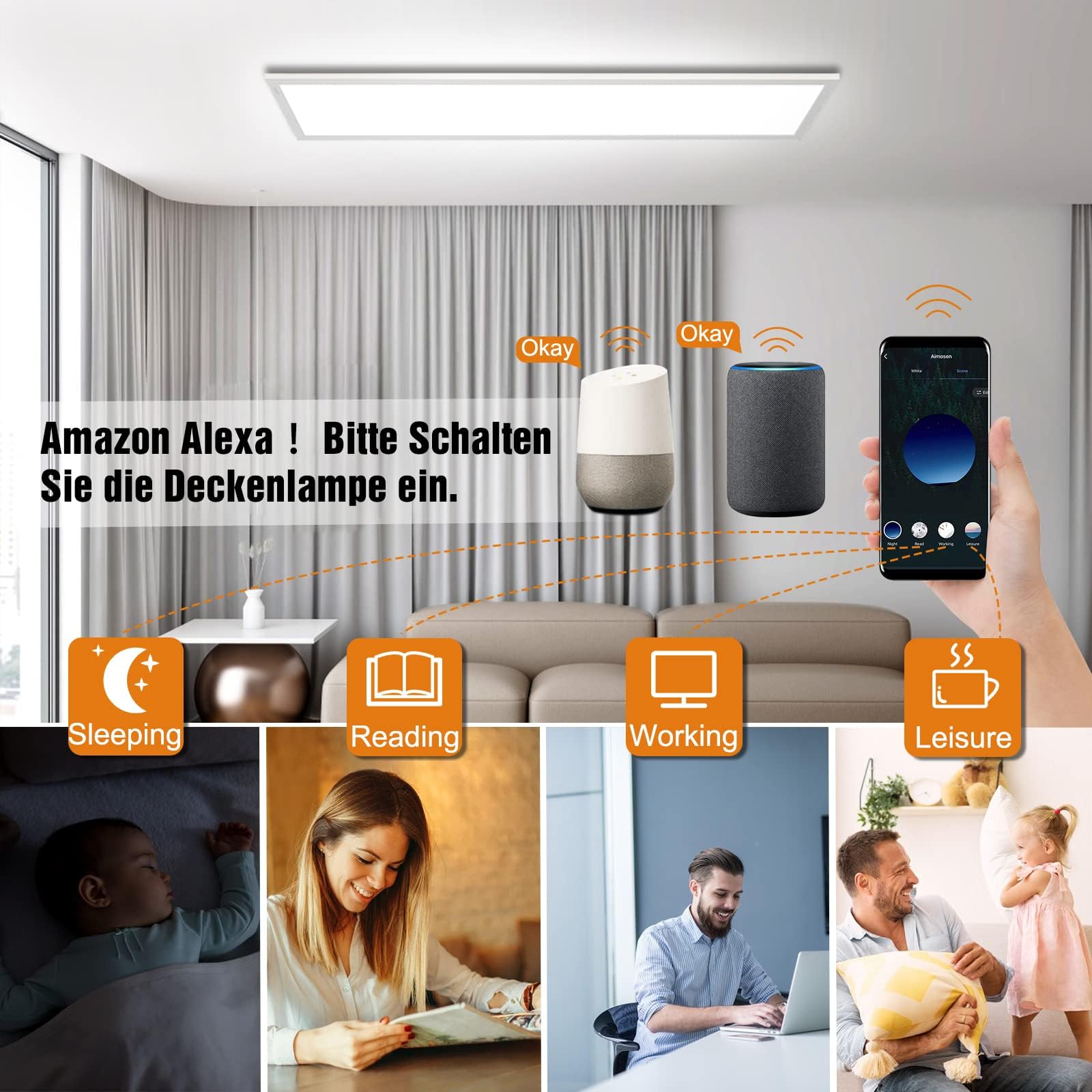 Dimmbare LED Deckenleuchte 120x30 cm mit WIFI TUYA, 40W Superhelle Flach Panellampe mit APP & Fernbedienung, 2700K - 6500K Intelligente Beleuchtung für Büro, Wohnzimmer, Küche, Garage, Babyzimmer