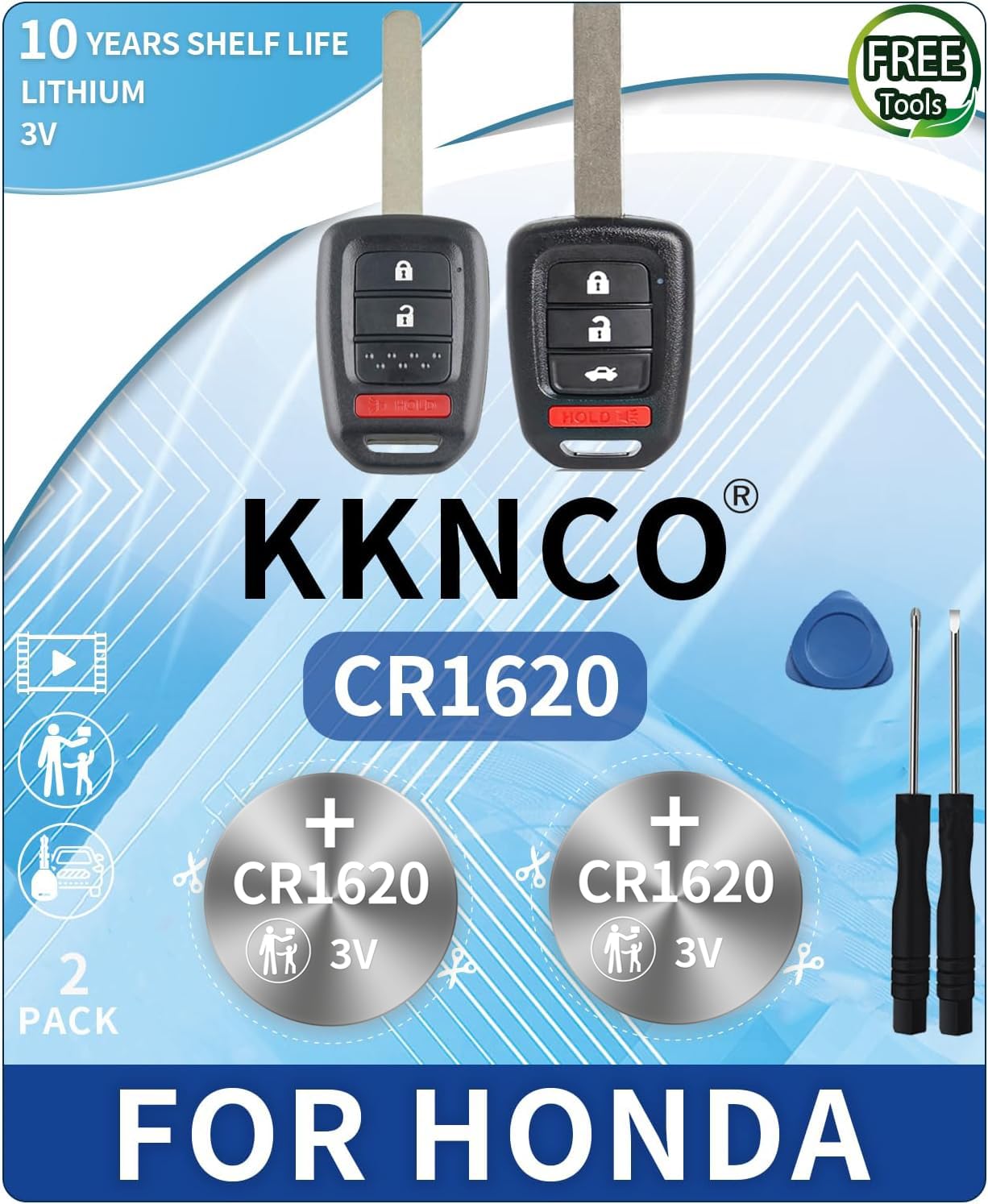 KKNCO Key Fob Battery Replacement for Honda (2013-2020) Accord Civic Crosstour CR-V HR-V Fit Head Key Remote Batteries CR1620 (Check Guide Fitment) (