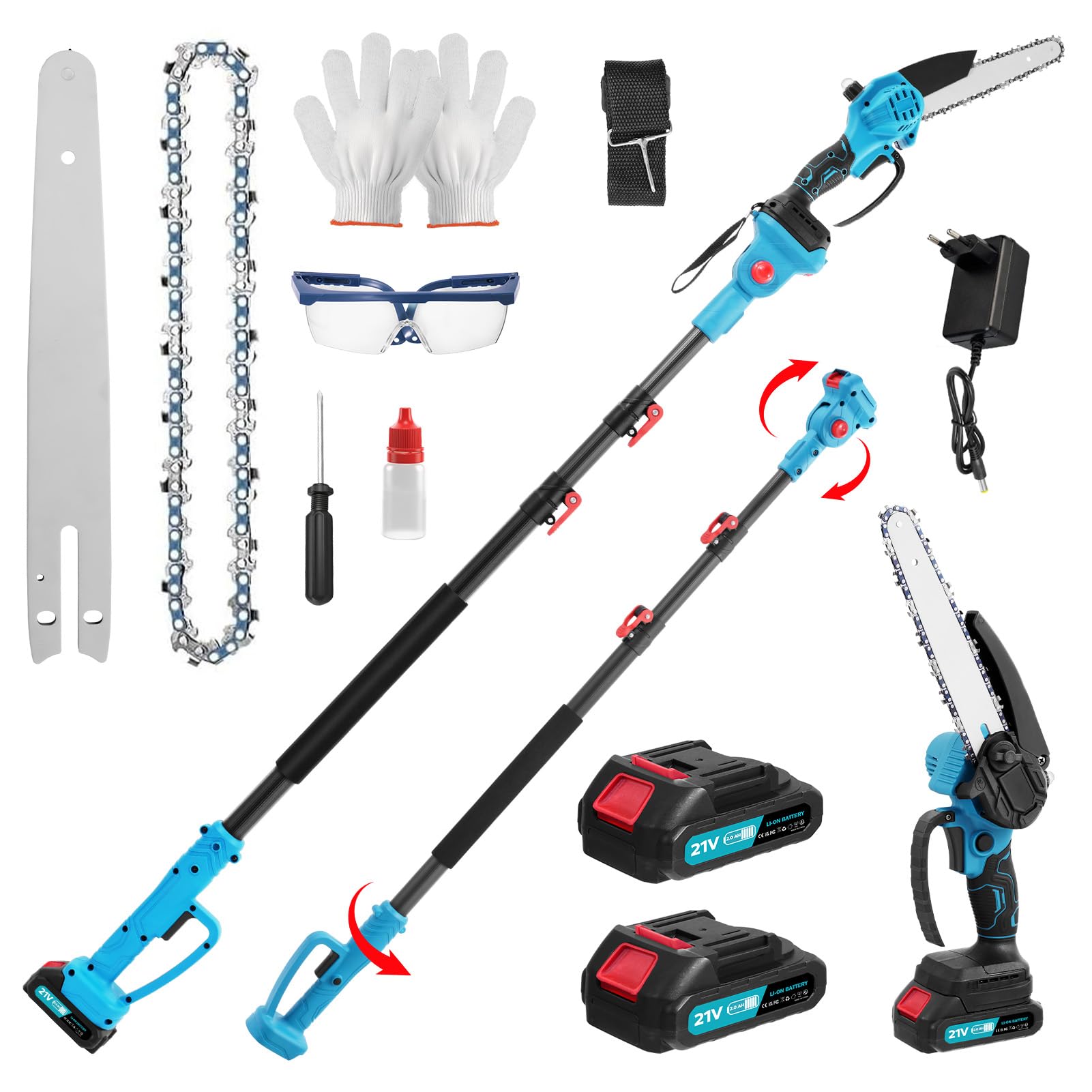 Mini motosierra 2 en 1 de 6 pulgadas con barra telescópica, batería de podadora, motosierra profesional, 2800 W, sin escobillas, con 2 baterías, altura de trabajo de hasta 2,1 m, para ramas de árboles