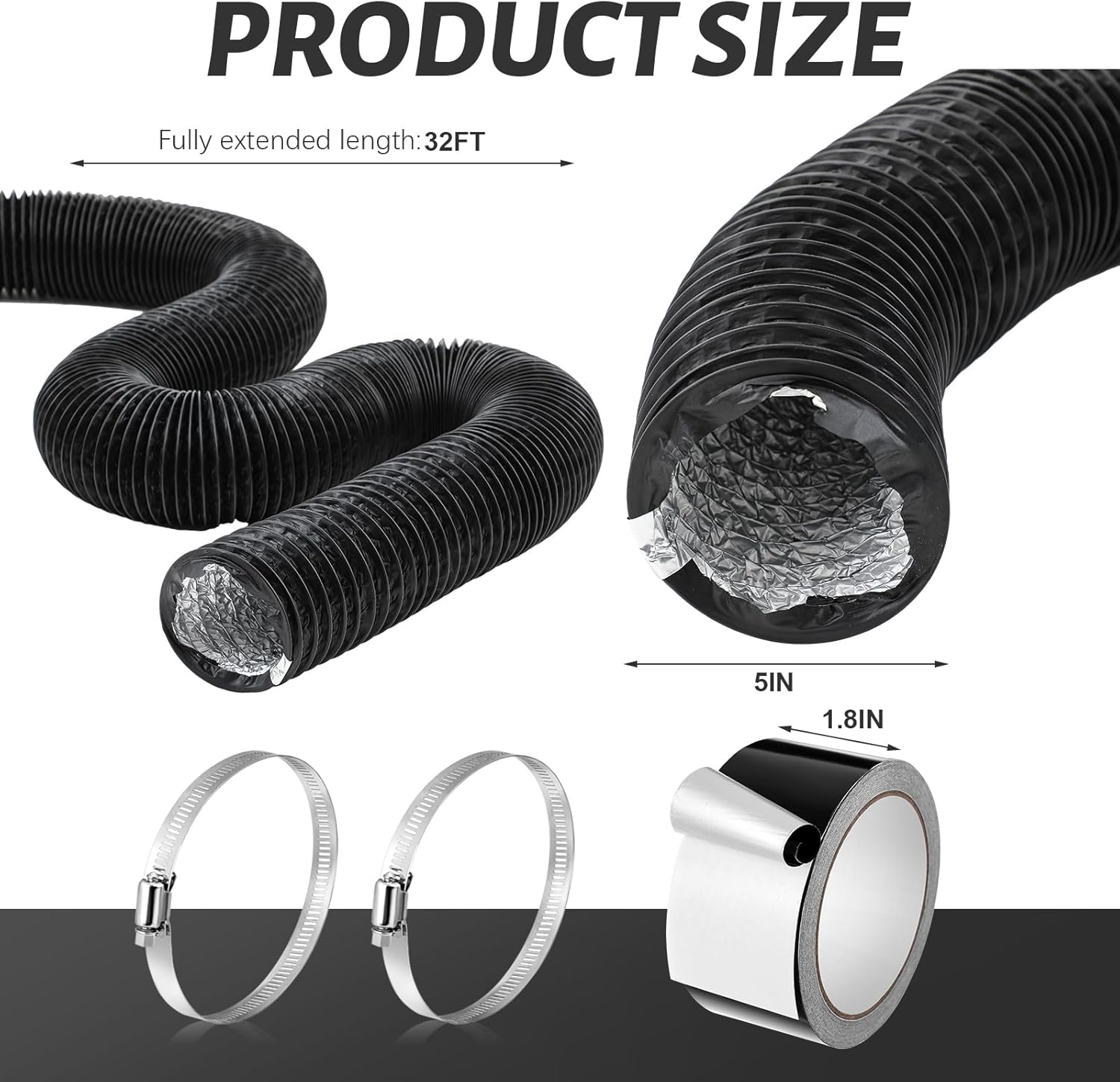 zonon dryer vent hose 5 inch x 32 feet flexible aluminum foil ducting non insulated with stainless steel clamps and aluminum tape for pipe, hvac heating cooling ventilation and exhaust(black) black 5 inch x 32 feet