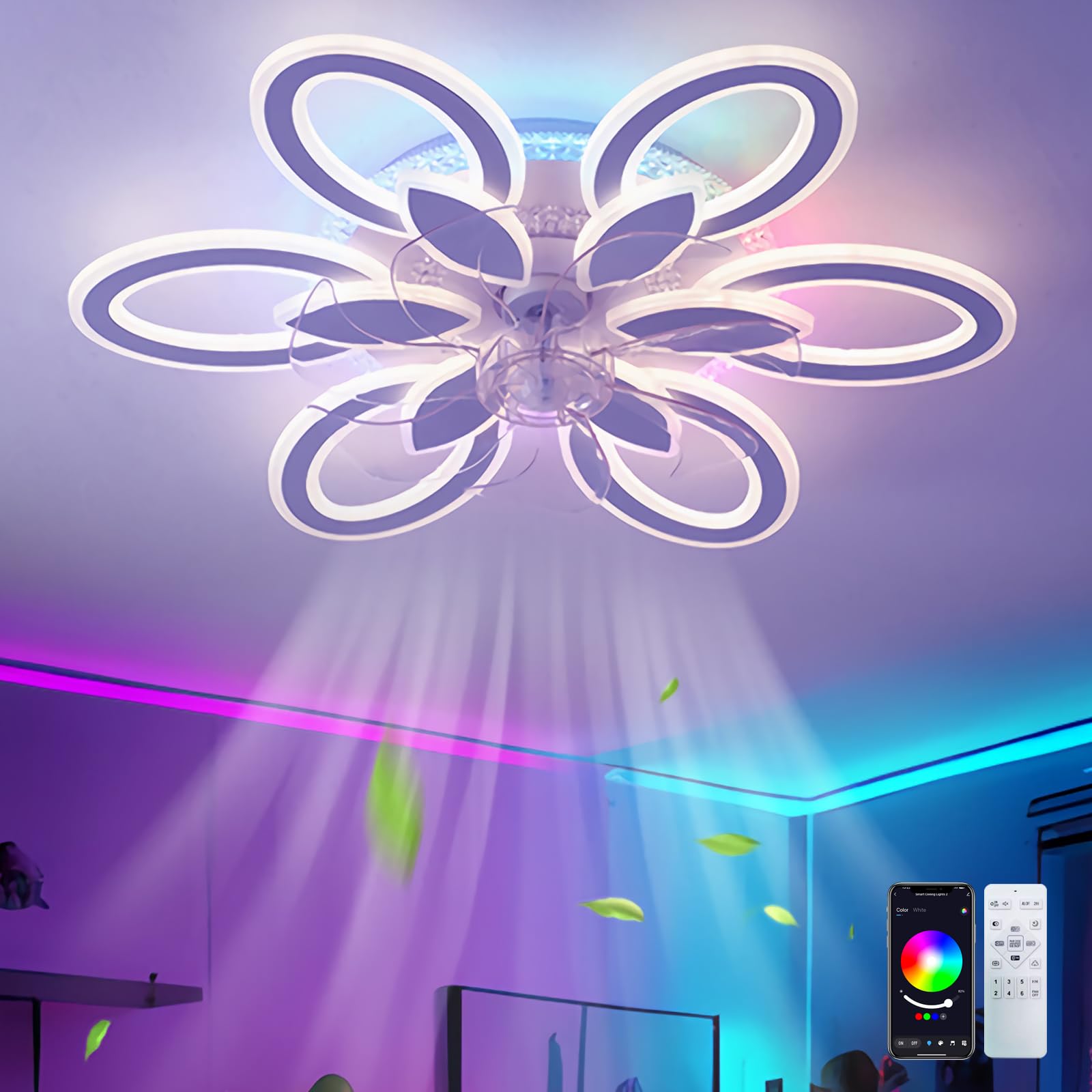 GWYAJTU RGB Ceiling Fans with Lamps Reversible 6 Speed Quiet Fan Light Ceiling Color-Changing Flower Ceiling Light with Fan LED Dimmable for Bedrooms & Living Rooms, RGB White