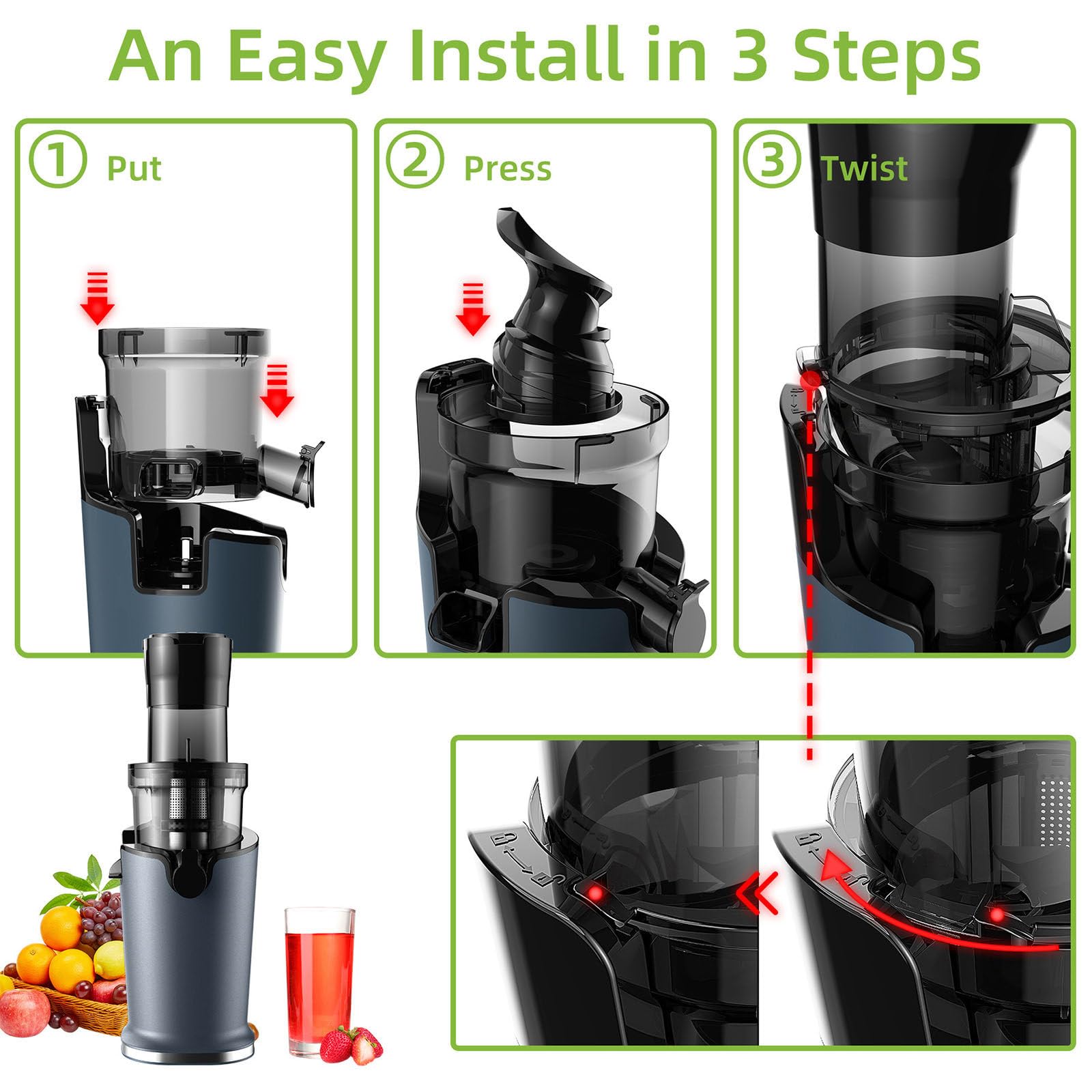 Estrattore di Succo A Freddo da 200 W, Separa Automaticamente Succo E Residui, con Funzione avanti E Indietro, Estrattore di Succo Lento Automatico, Design Rimovibile