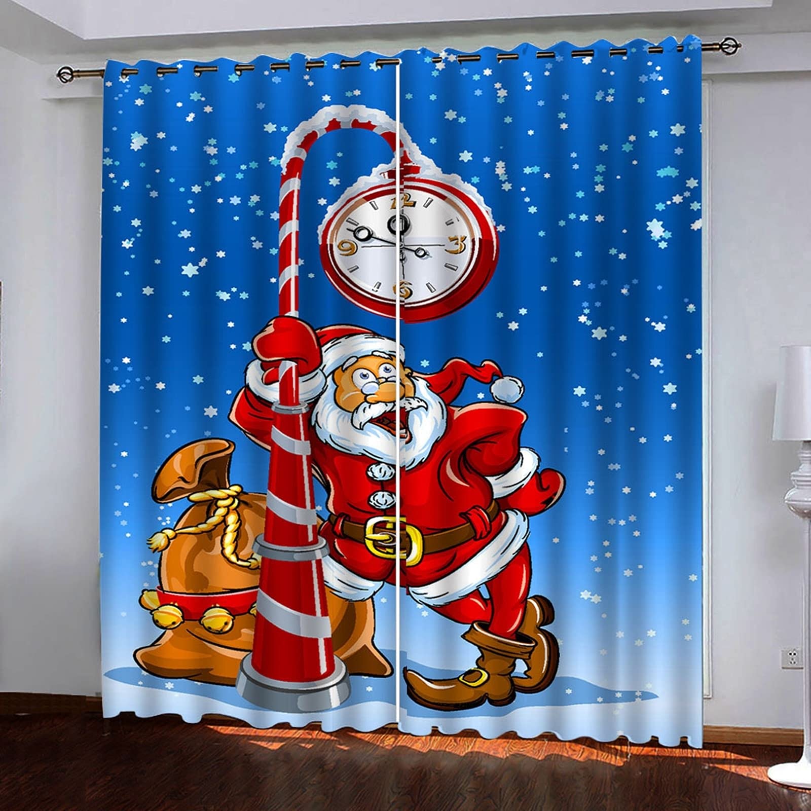 Święty Mikołaj pod zegarem zasłony do salonu, zasłony zaciemniające do salonu 2 panele, szer. 106 cm x dł. 213 cm