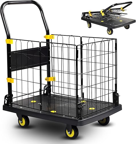 Carro de plataforma con jaula, carrito resistente de 440 libras de capacidad, carrito de empuje con malla de acero plegable, camión de mano plegable