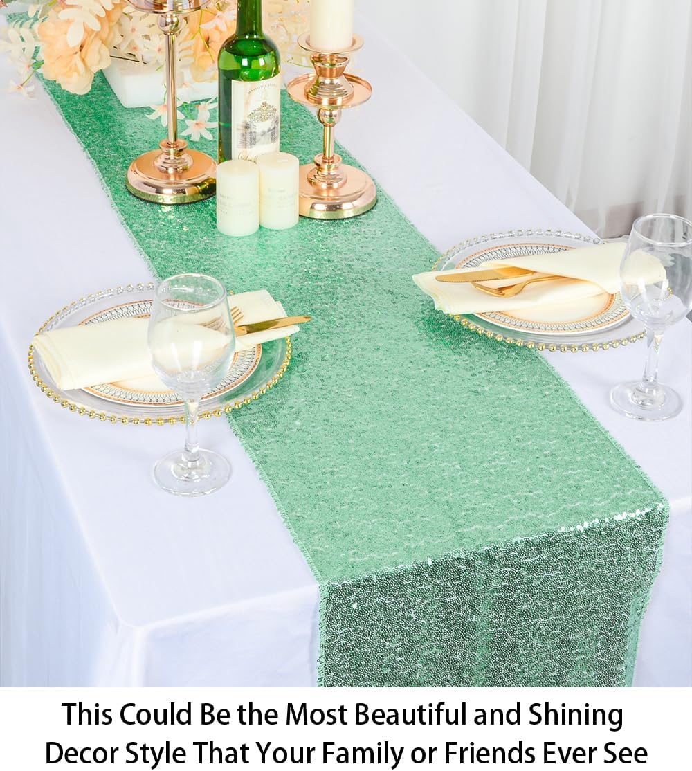 ShiDianYi Table Runners Green Bridal Shower Decorations 5Pcs Mint-Green 12''x72'' Sequin Table Runner Party Supplies Sequin Fabric Glitter Runner for Wedding Tables Decoration Birthday Table Runners