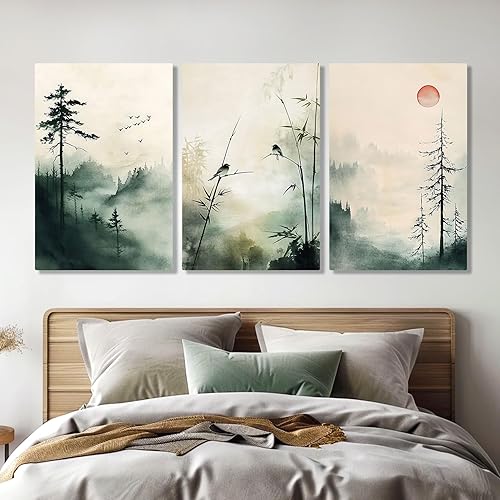 Miniatura 2 de Sutanun Lienzo de paisaje abstracto japonés para pared, impresión de bosque brumoso verde de tres paneles con pájaros y árboles, arte minimalista