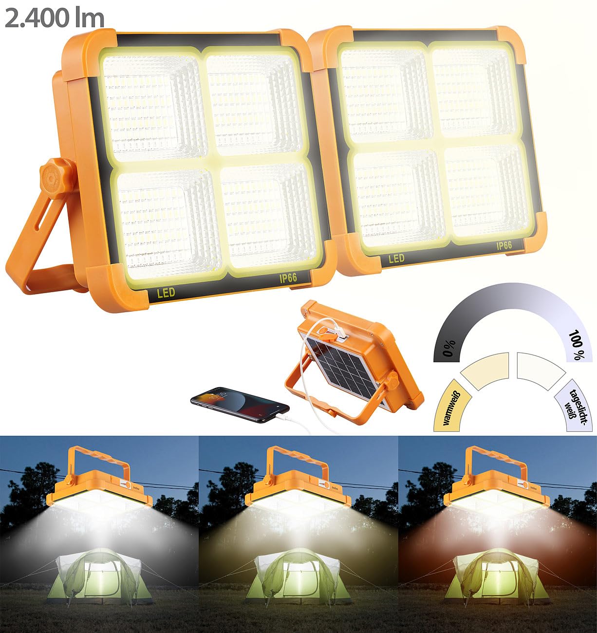 Luminea Baustrahler: 2er-Set High-Power-LED-Strahler, Akku, Solar, 2400 lm, dimmbar, CCT (Akku Baustrahler, Scheinwerfer, Panel)