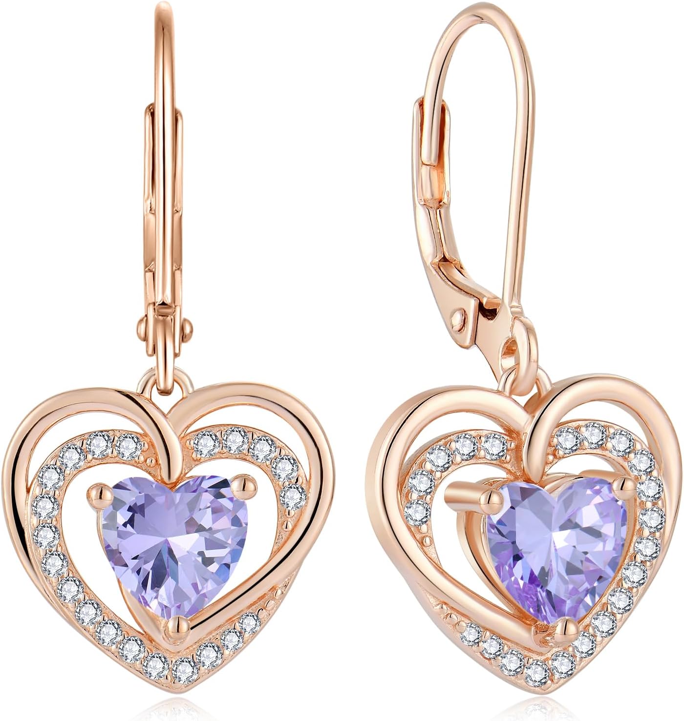 925 Sterling Silver Heart Birthstone Earrings for Women Dainty Dangle Drop Leverback Earrings with Rose Gold Plated 5A Cubic Zirconia Jewelry Birthday Gifts for Wife Her