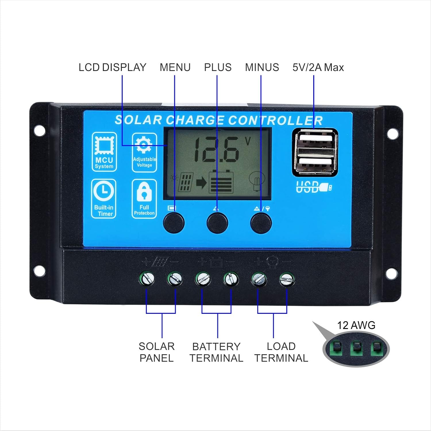 Front view of the GCSOAR Solar Charge Controller with LCD display and USB ports