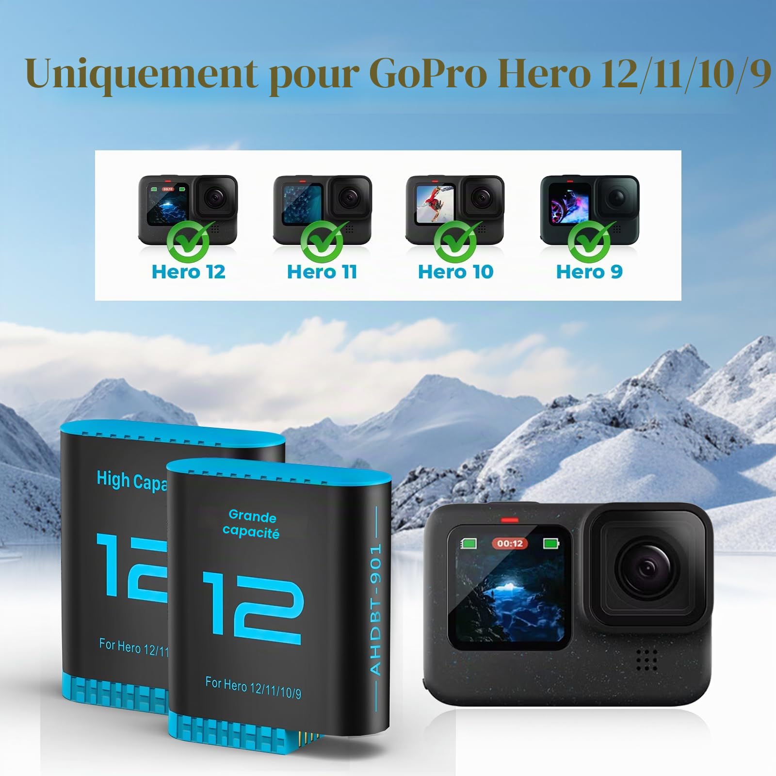 Hero12 Lot de 2 Batteries de Rechange 2580 mAh pour GoPro Hero 12 Hero 11 Hero 10 Hero 9 Black (sans Chargeur + 2 Batteries)