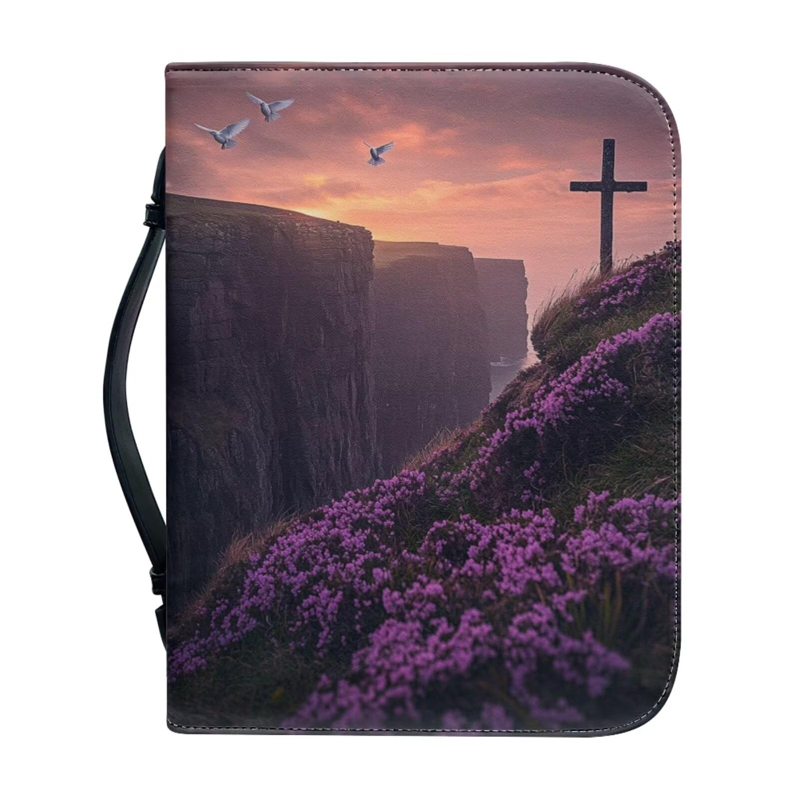 Ceudet Cross White Dove and Purple Lavender Cover Bible Bag Carrying Case with Handle Leather Book Covers Dustproof Purple Bible Case for Women Girls — image 1