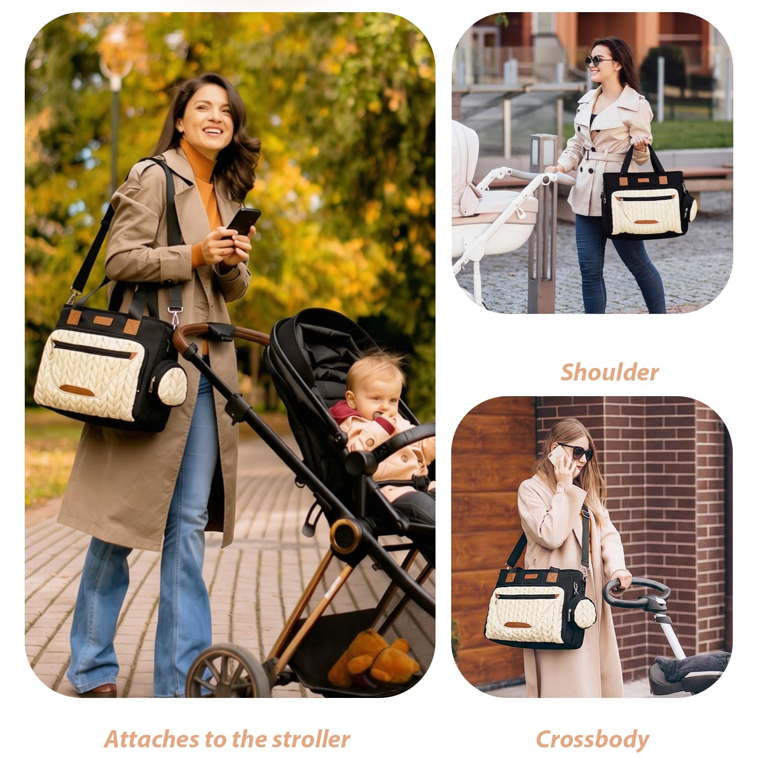 FHELAD Diaper Bag Tote, Crossbody Diaper Bag for Labor & Delivery, 16 Pockets 5 Insulated, Waterproof Lightweight Baby Bag with Changing Pad & Pacifier Case, Travel Mom Tote (L, Black-White)