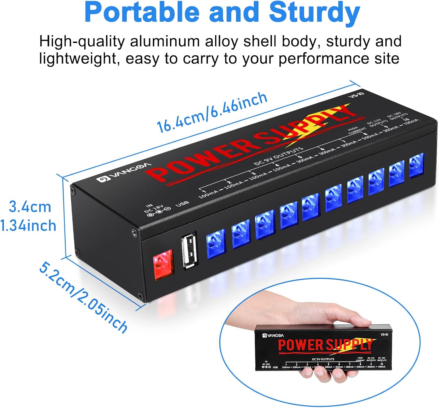 Guitar Pedal Power Supply, 10 DC Isolated Output Pedal Power Supply with USB Port for 9V/12V/18V Effect, by Vangoa