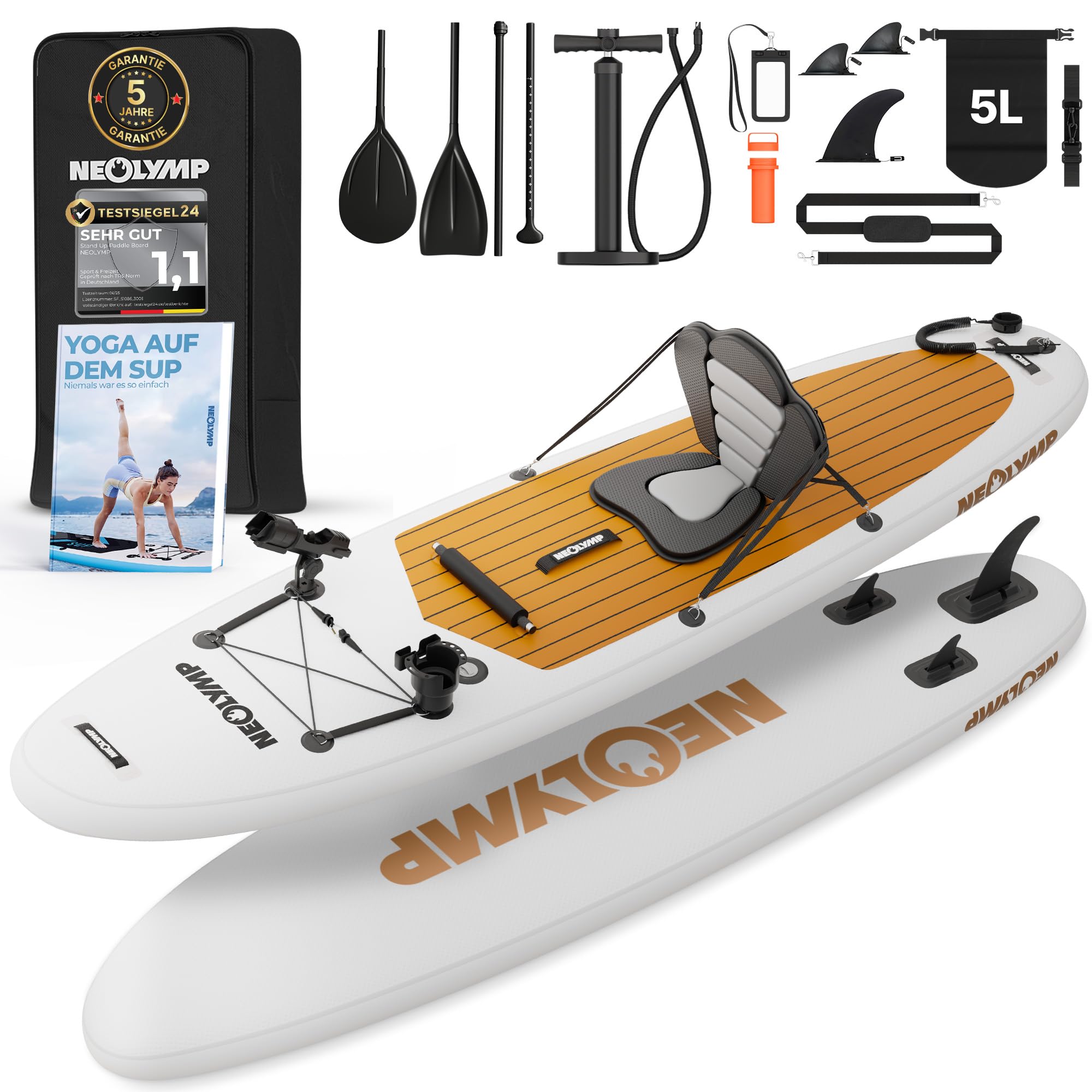 NEOLYMP Aufblasbares Stand Up Paddle Board 315 cm – SUP Komplett-Set 13-TLG. inkl. Kajaksitz, E-Book, Pumpe & Rucksack – für Kinder & Erwachsene – 150 kg Traglast – Paddleboard aufblasbar mit Zubehör
