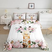 Erosebridal Cute Giraffe Bedding Set Pink Rose Comforter Set Twin Size Girls Kids,Cartoon Animal Quilt Duvet Floral Flower Down Comforter,Wildlife Giraffe Skin Duvet Sets Botanical Room Decor,2Pcs