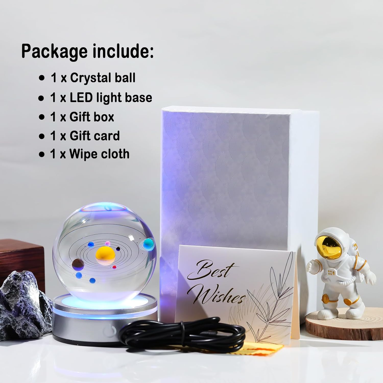 3.15in. 3D Solar System Crystal Ball, Outer Space Astronomy Gifts for Men Him with LED Light Base, Unique Space Gifts for Birthday Dad Physics Science Teacher Night Light Planet Lamp