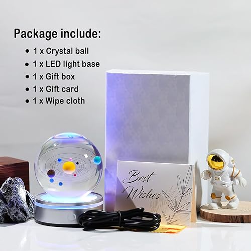 Miniatura 7 de Bola de cristal del sistema solar 3D de 3.15 pulgadas, regalos de astronomía del espacio exterior para hombres y él con base de luz LED, regalos