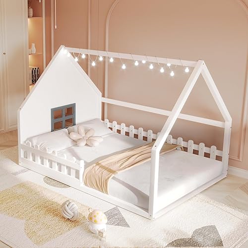 MERITLINE Cama de casa para niños, cama Montessori tamaño matrimonial, marco de madera con rieles y ventana, no necesita somier, para niños,