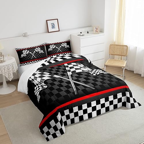 Miniatura 4 de Juego de edredón para niños de carreras con coche de carreras, decoración de dormitorio de niños y niñas, adultos, edredón geométrico de plumón con