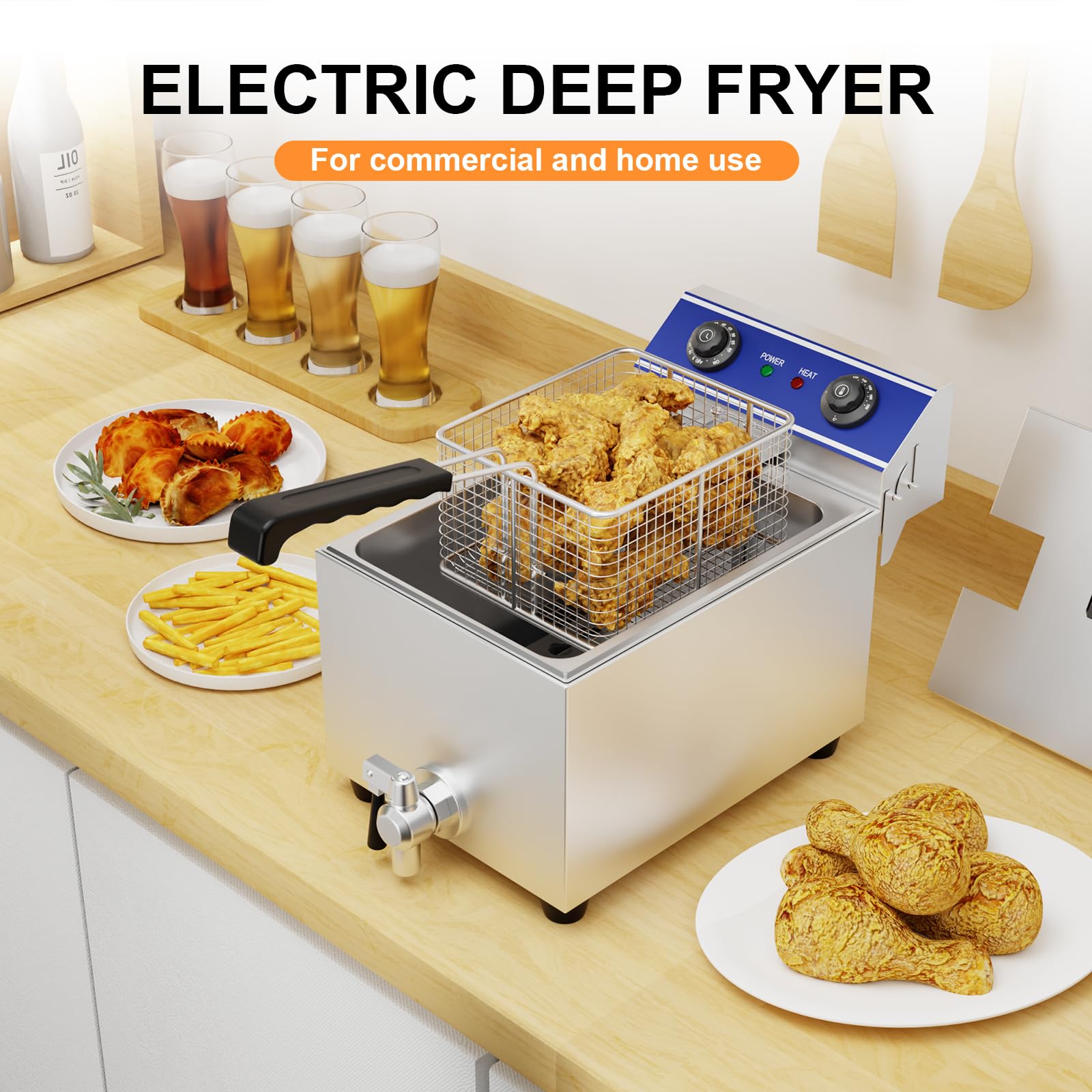 TAIMIKO Friteuse electrique Commerciale en INOX 2500W 6L avec Robinet de Vidange,Minuterie de 60 minutes Friteuse Professionnelle