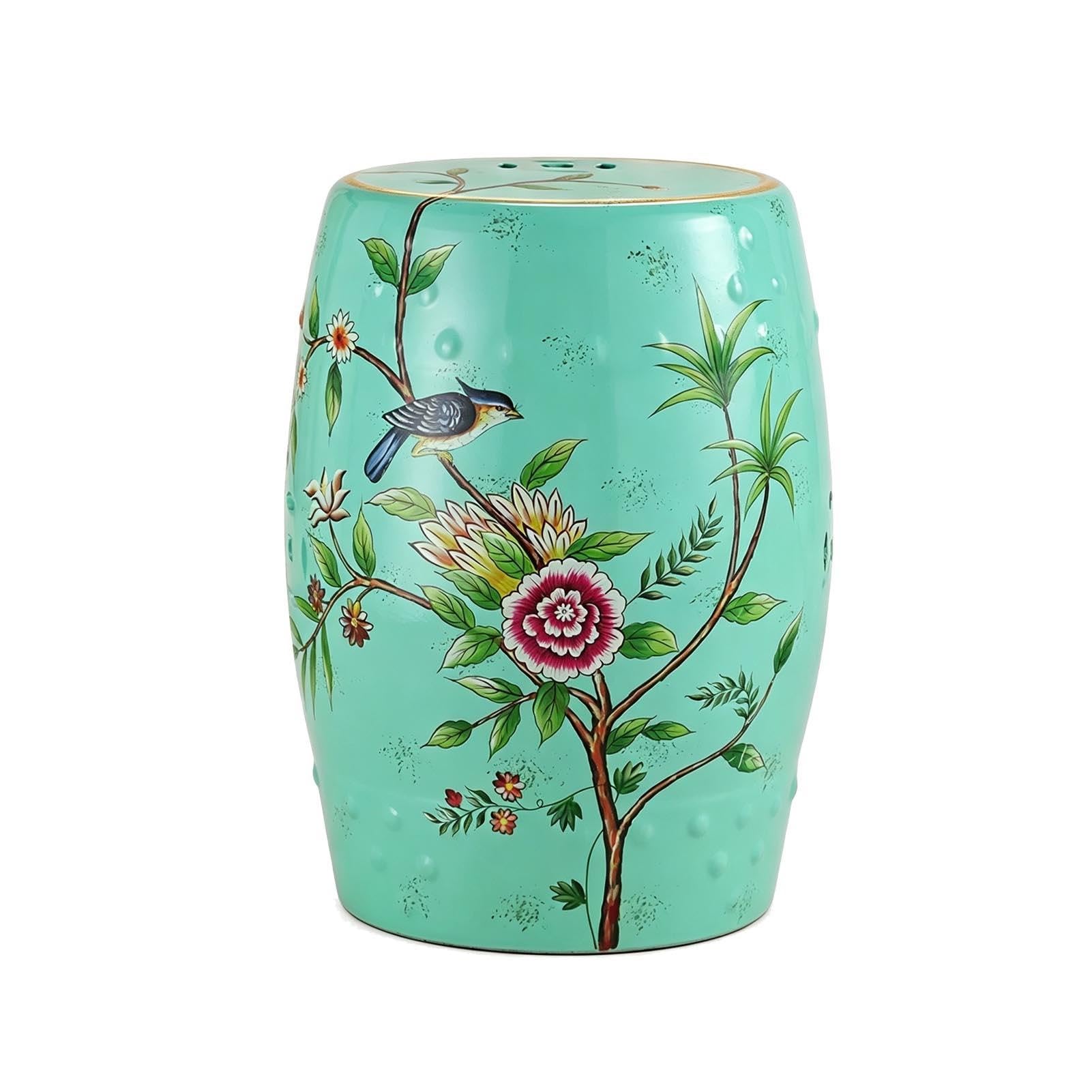 18-calowy Ceramiczny Stołek Ogrodowy, Kwiatowy Bębenek Z Motywem Ptaka, Stolik Boczny Wewnątrz/na Zewnątrz Otomana Do Salonu, Sypialni, Patio, Łazienki(Green)