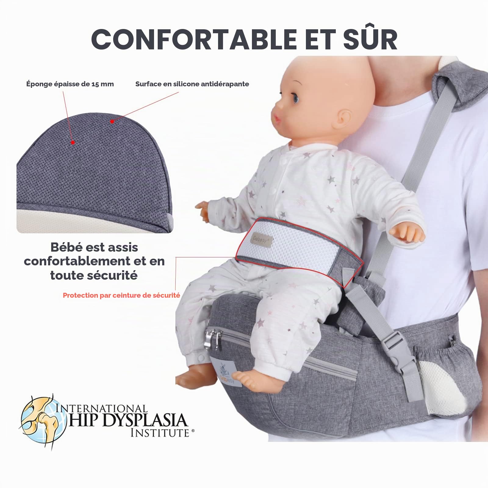 SONARIN Multifonctionnel Porte-bébé Siège de Hanche,Ergonomique Porte bébé Ventral Tabouret de Taille avec Ceinture de Sécurité & Bandoulière pour Nouveau-né Tout-Petit 0-24 Mois(Gris)