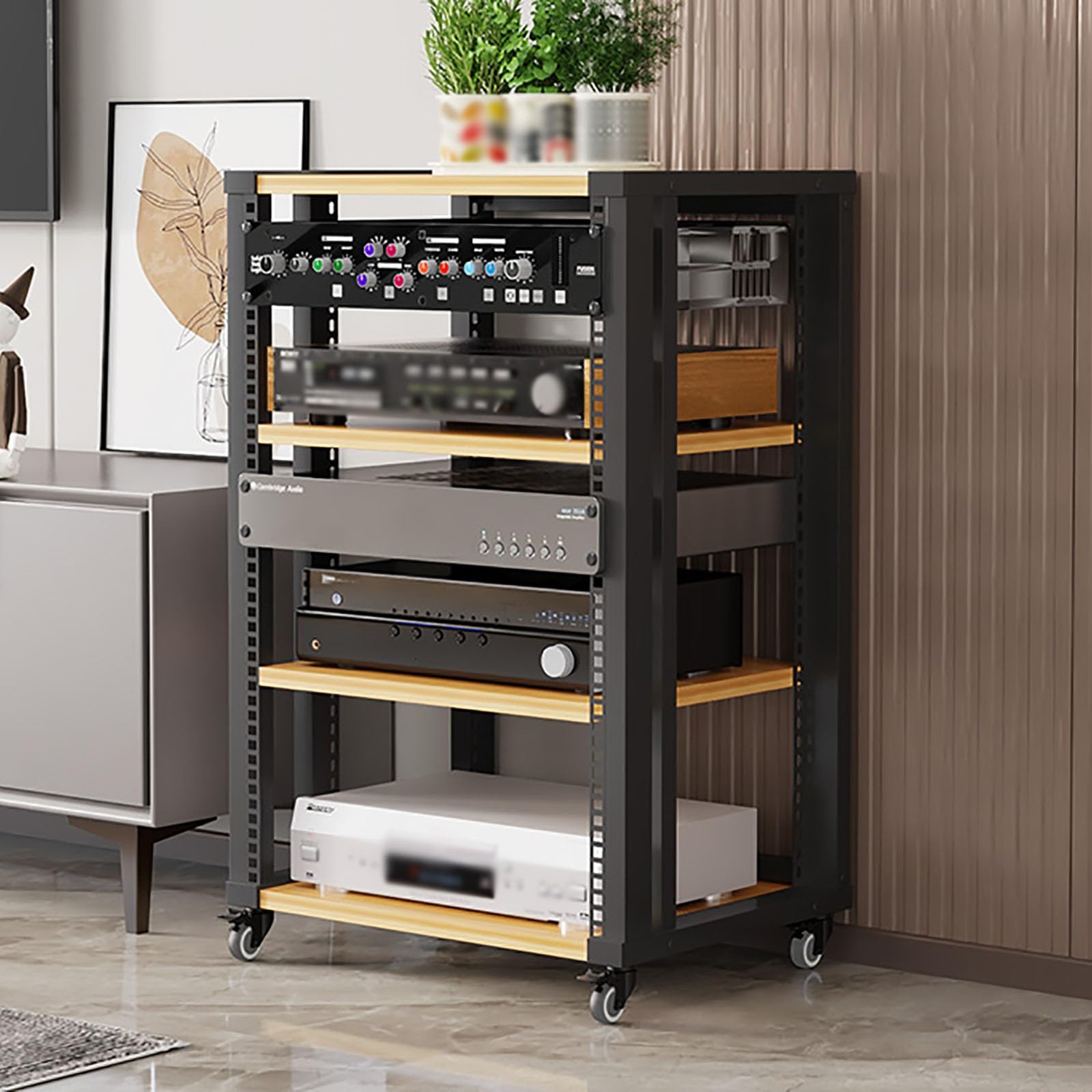 AV Media Stand with Wheels 2/3/4/5 Audio Rack Tower Gaming Shelves Shelf Height Adjustable Stereo Racks and Stands loor Standing Removable Stereo Cabinet Easy to Assemble(Light Walnut,4 Layers)