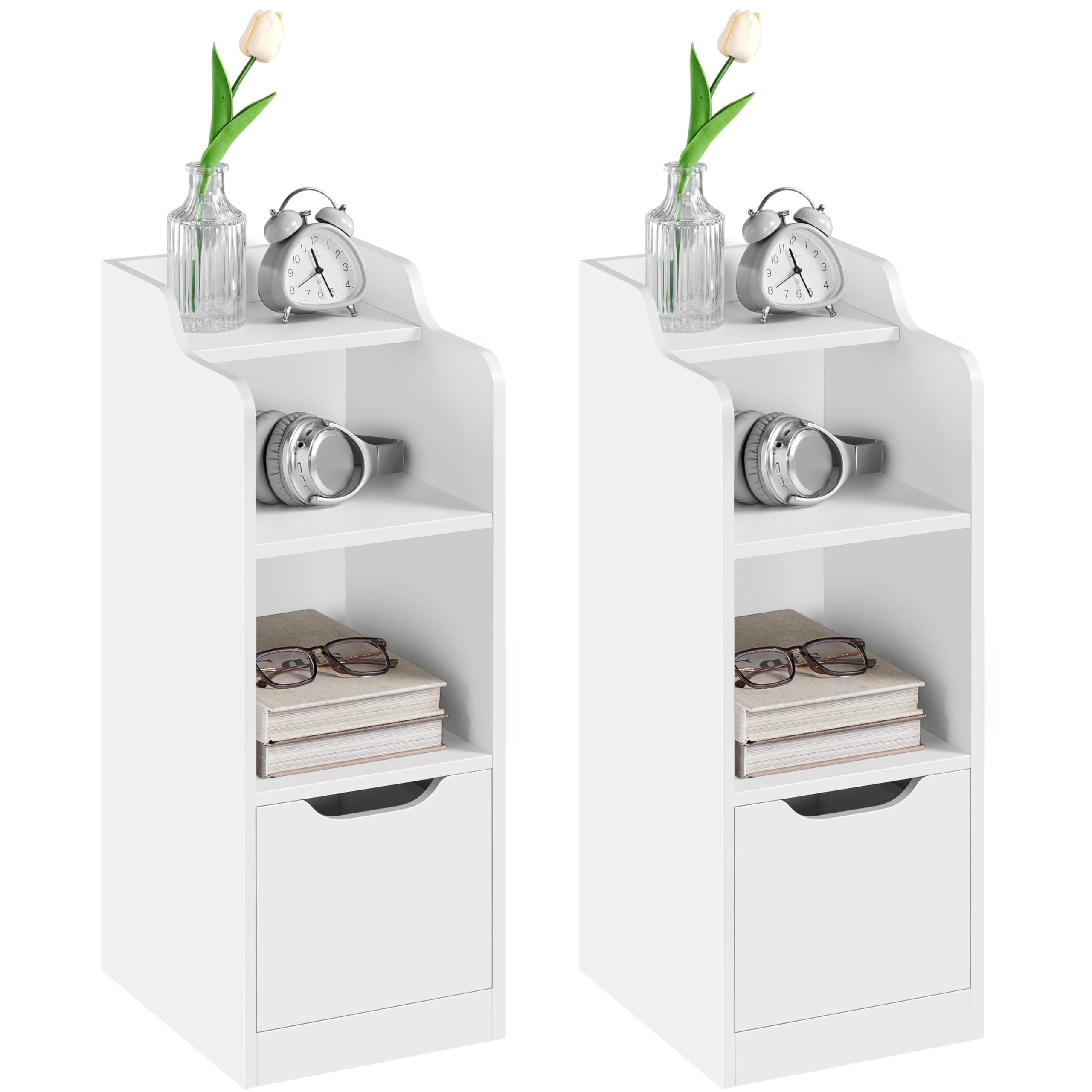 Yaheetech Slim Bedside Tables Set of 2, Narrow Side Table with Drawer & Open Shelf, Bedside Cabinet with Compartment for Bedroom/Living Room Compact Nooks, White