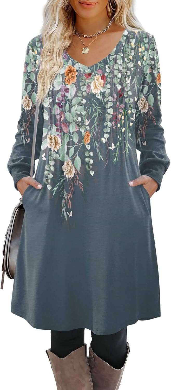 Zeagoo Fall Dresses for Women Long Sleeve Casual Pleated V Neck Dress 2025 A Line Tunic Dress - Image 2