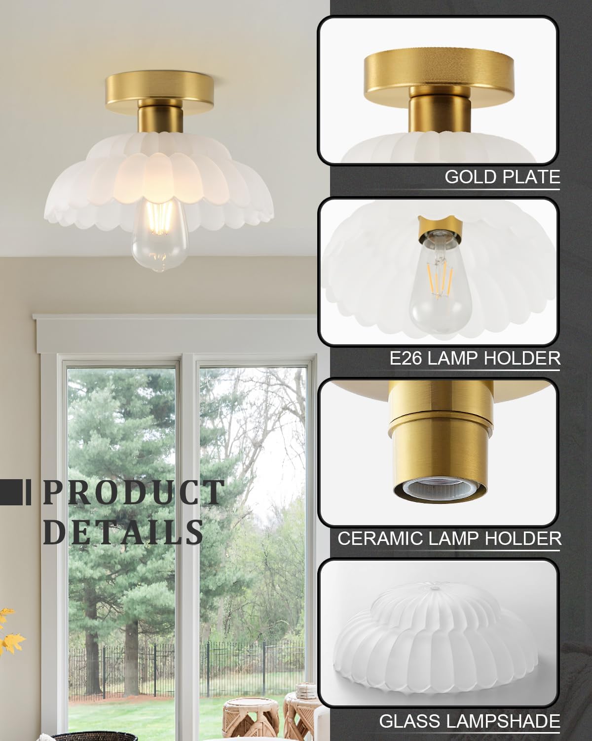 ANYLOVE 10 Inch Frosted Glass Vintage Glass Semi Flush Mount Ceiling Light, E26 Socket for Bedroom Kitchen Hallway Foyer