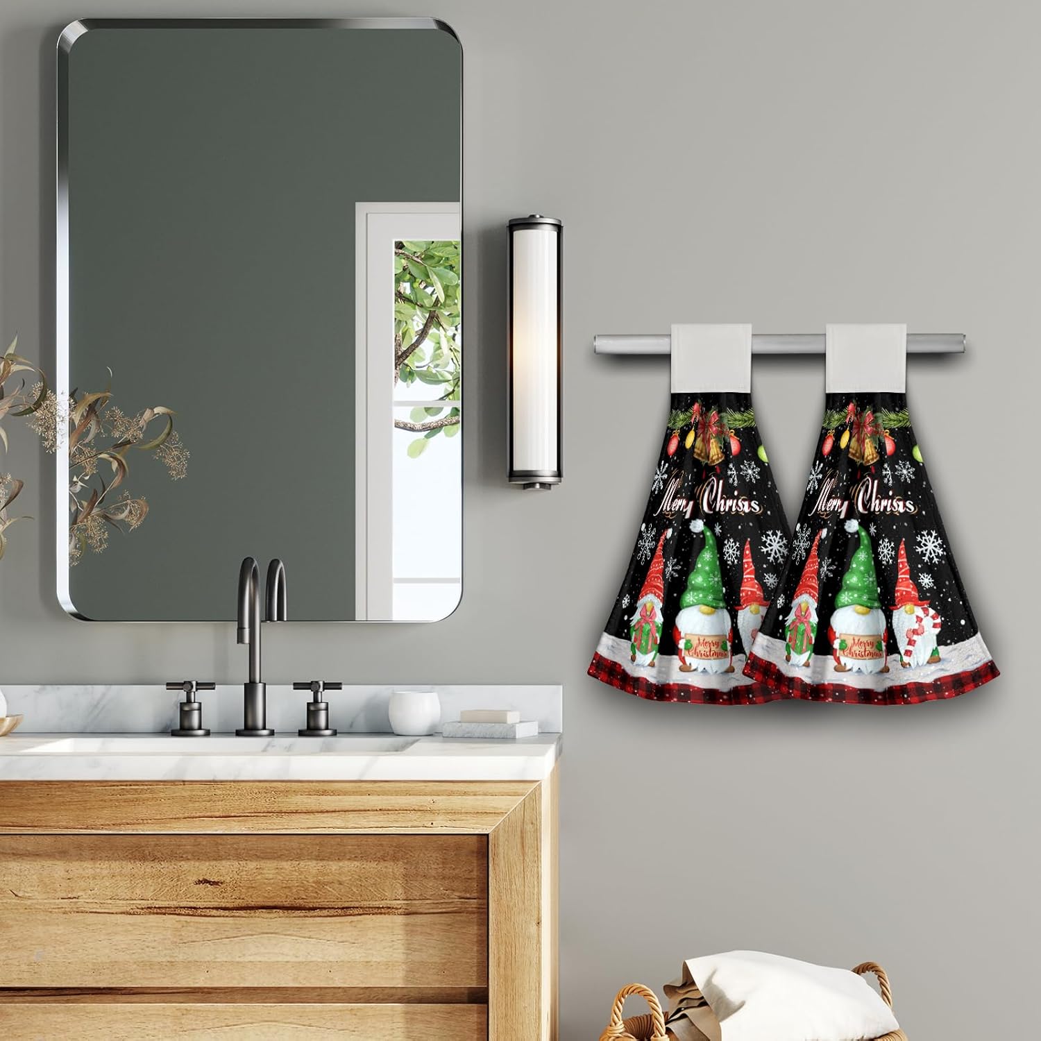 Giwawa Merry Christmas Kitchen Towels Set of 2 Xmas Gnome Soft Absorbent Tie Towel Black Fast Drying Hand Towel for Holiday Bathroom Home Decor - Image 6