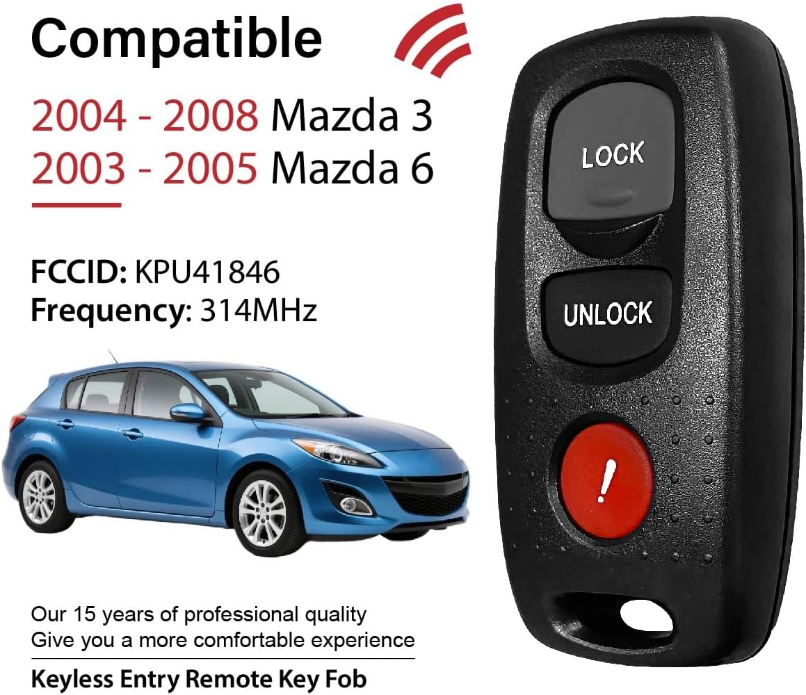 Replacement for 2004 2005 2006 2007 2008 Mazda 3 6 Key Fob Remote Control KPU41846 3 Buttons 313.8MHz